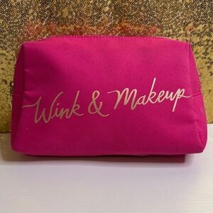 Lancome Fuchsia Cosmetic Bag with gold zipper and letters